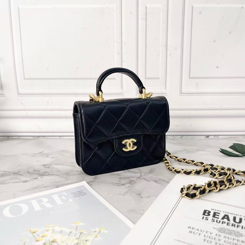 Chanel 21k黑色羊皮金扣手柄鏈條mini小廢包12.5×9.5×3.5 99新配件塵袋保卡盒子-3