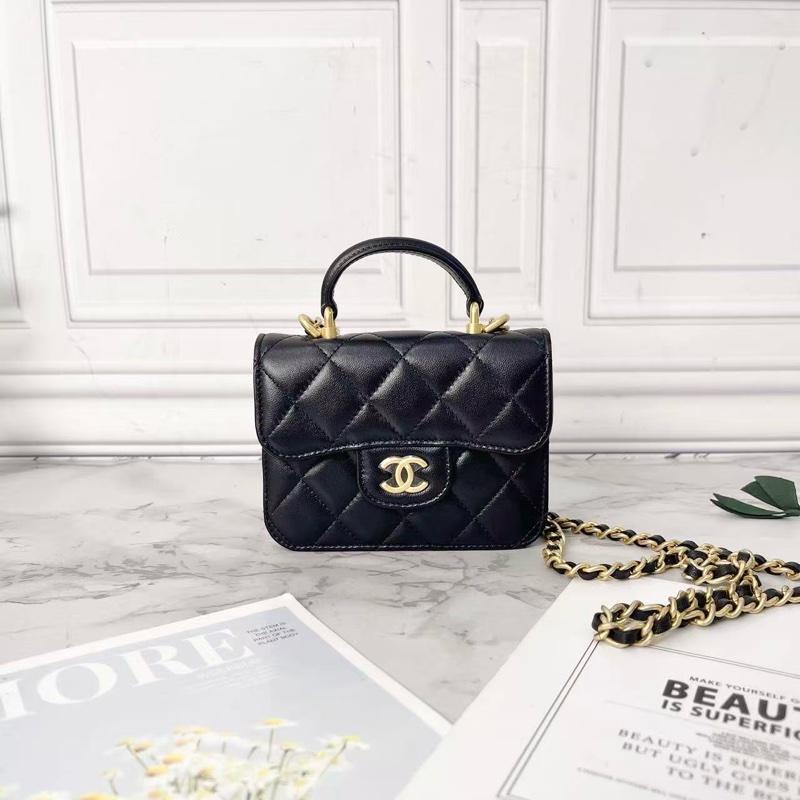 Chanel 21k黑色羊皮金扣手柄鏈條mini小廢包12.5×9.5×3.5 99新配件塵袋保卡盒子-4