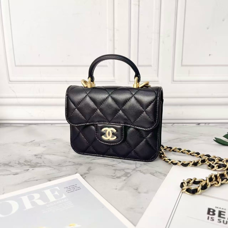 Chanel 21k黑色羊皮金扣手柄鏈條mini小廢包12.5×9.5×3.5 99新配件塵袋保卡盒子-5