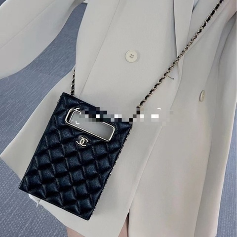Chanel 22S黑色羊皮荔枝紋borsa da sera mini 手提肩背斜背包 19×14×3 98新配件塵袋盒子購證