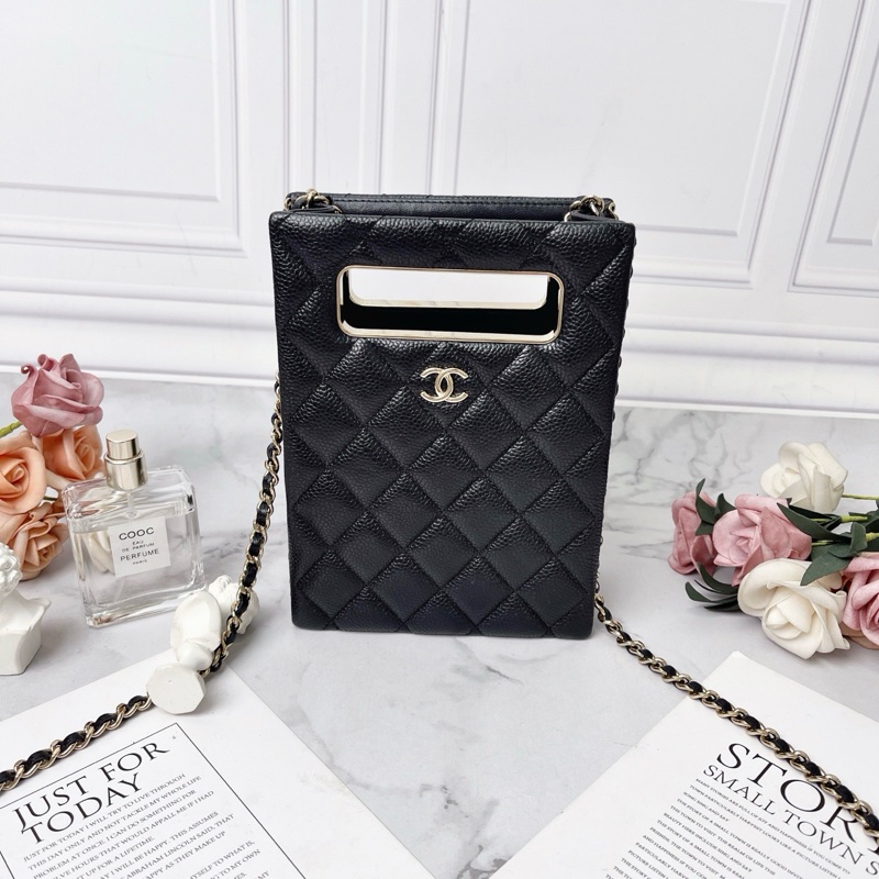 Chanel 22S黑色羊皮荔枝紋borsa da sera mini 手提肩背斜背包 19×14×3 98新配件塵袋盒子購證-1