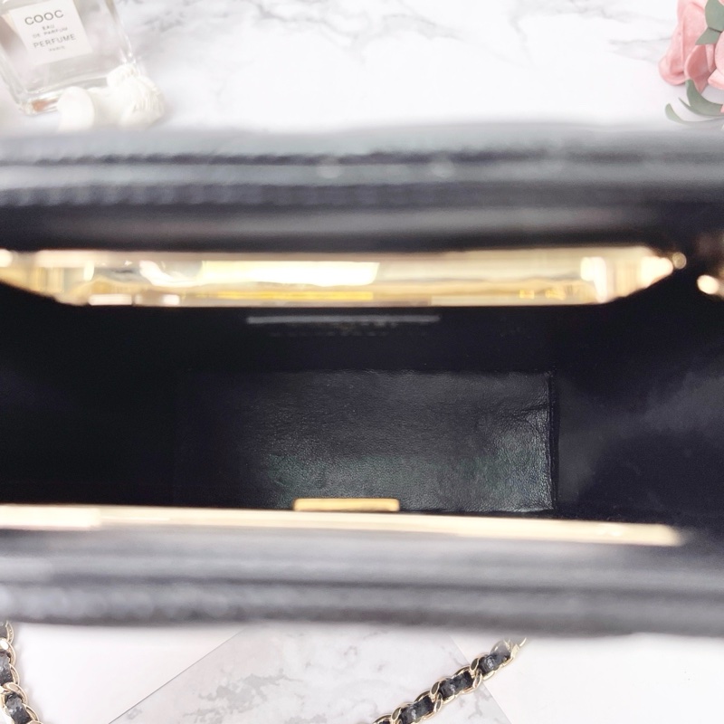 Chanel 22S黑色羊皮荔枝紋borsa da sera mini 手提肩背斜背包 19×14×3 98新配件塵袋盒子購證-2