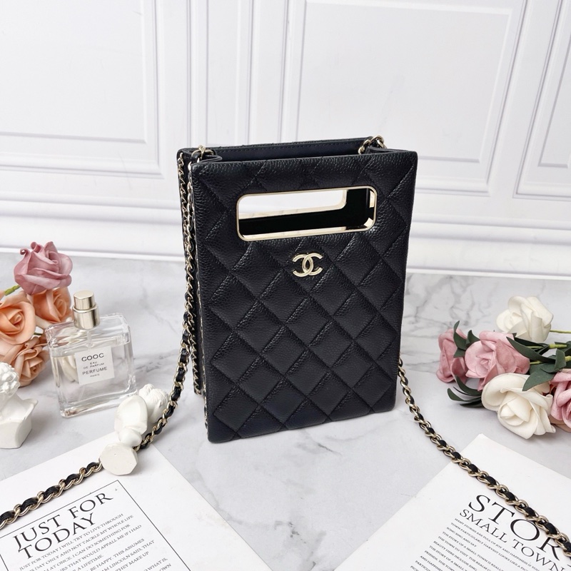 Chanel 22S黑色羊皮荔枝紋borsa da sera mini 手提肩背斜背包 19×14×3 98新配件塵袋盒子購證-3