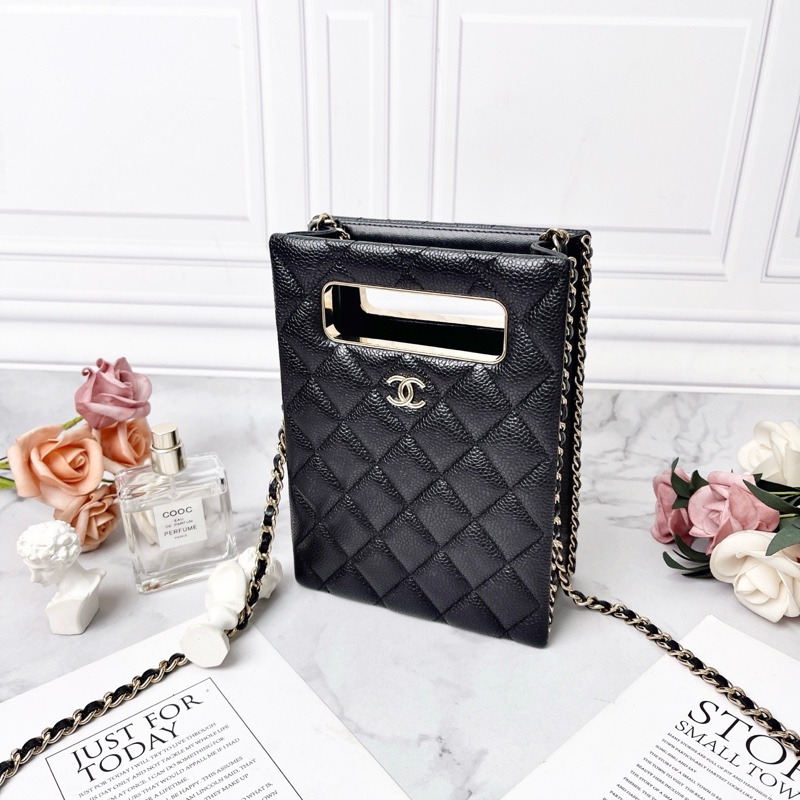 Chanel 22S黑色羊皮荔枝紋borsa da sera mini 手提肩背斜背包 19×14×3 98新配件塵袋盒子購證-4