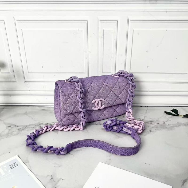 CHANEL 24C漸變薰衣草浪漫紫色荔枝牛皮大mini 肩背斜背鍊條包 寸19.5×5.5×14 98新配件塵袋購證-3