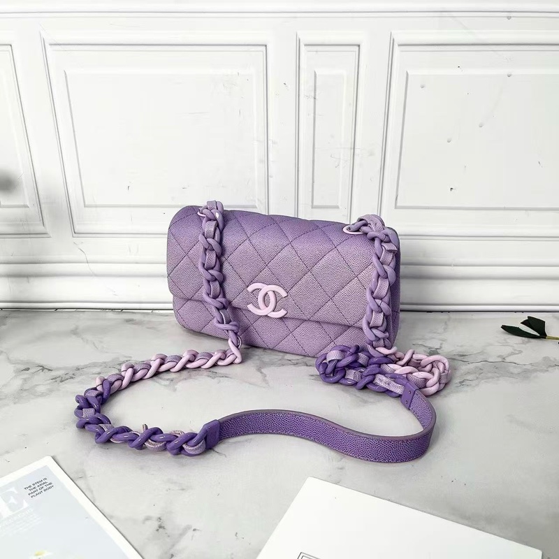 CHANEL 24C漸變薰衣草浪漫紫色荔枝牛皮大mini 肩背斜背鍊條包 寸19.5×5.5×14 98新配件塵袋購證-5