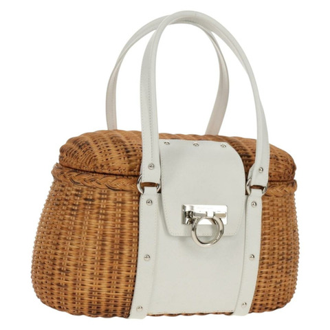 Salvatore Ferragamo Gancini 手提包 藤編 米色 銀色 正品 159168V