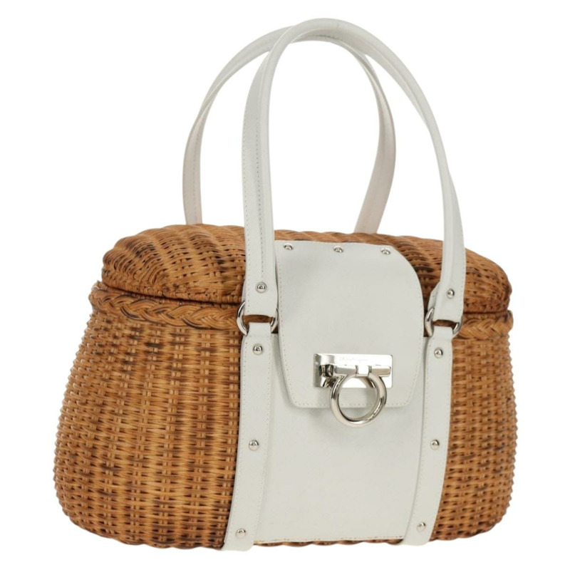 【日本直送】Salvatore Ferragamo Gancini 手提包 藤編 米色 銀色 正品 159168V-0