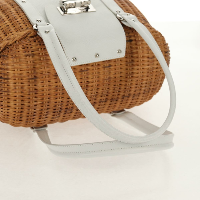 【日本直送】Salvatore Ferragamo Gancini 手提包 藤編 米色 銀色 正品 159168V-6