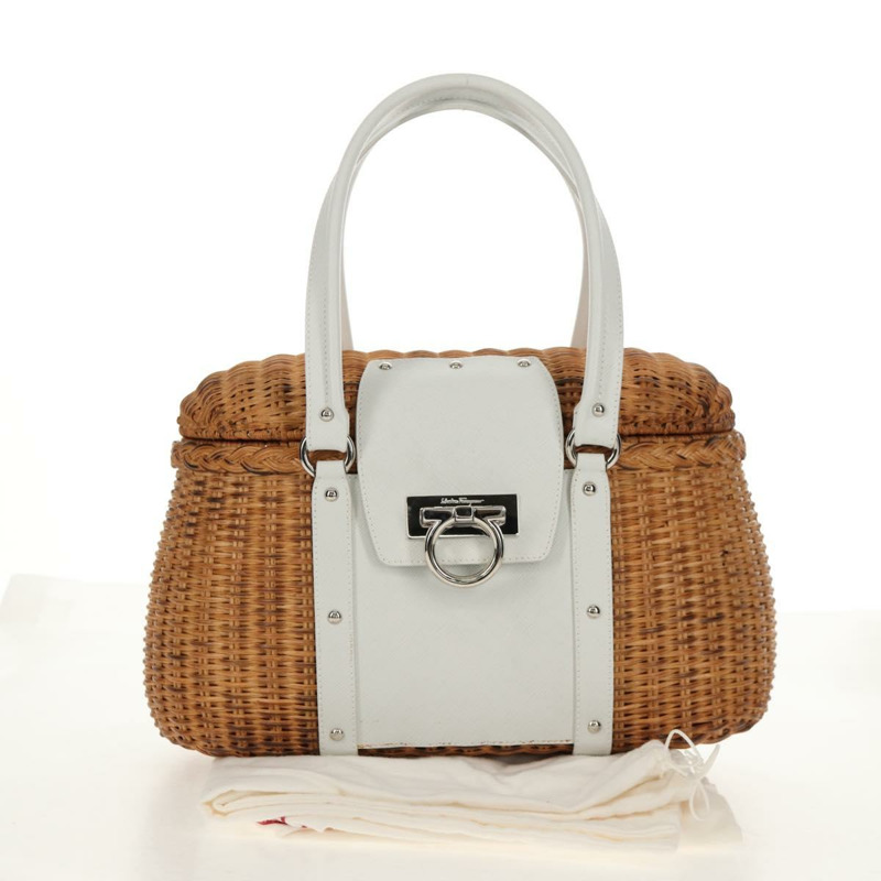【日本直送】Salvatore Ferragamo Gancini 手提包 藤編 米色 銀色 正品 159168V-11
