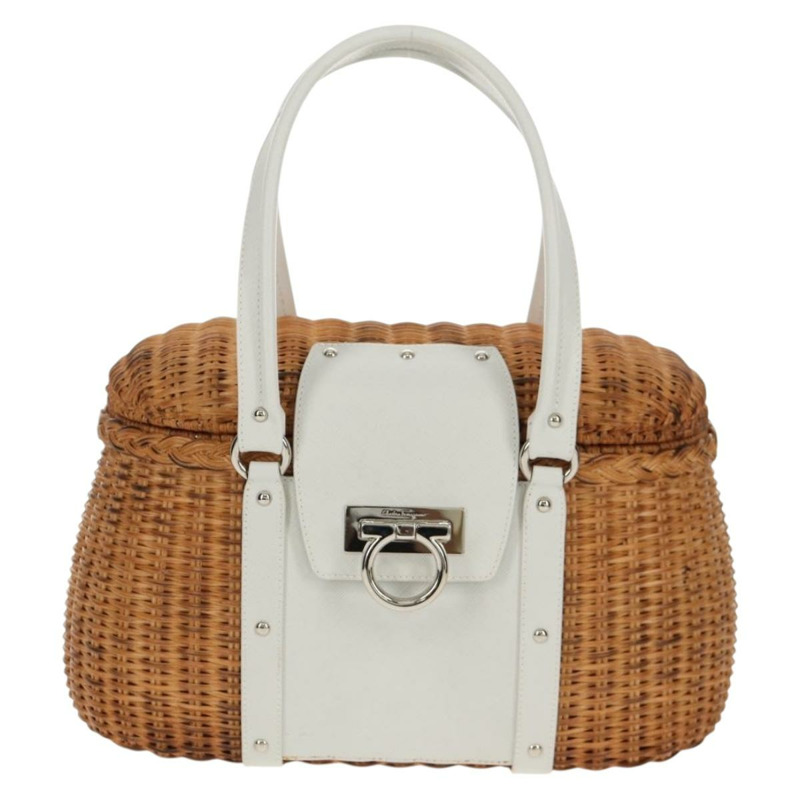 【日本直送】Salvatore Ferragamo Gancini 手提包 藤編 米色 銀色 正品 159168V-12