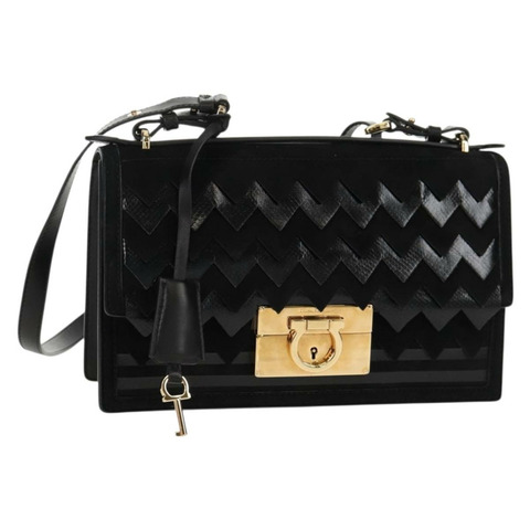 Salvatore Ferragamo Gancini 手提包，絨面革材質，黑色金色雙肩包，正品，貨號 157339V