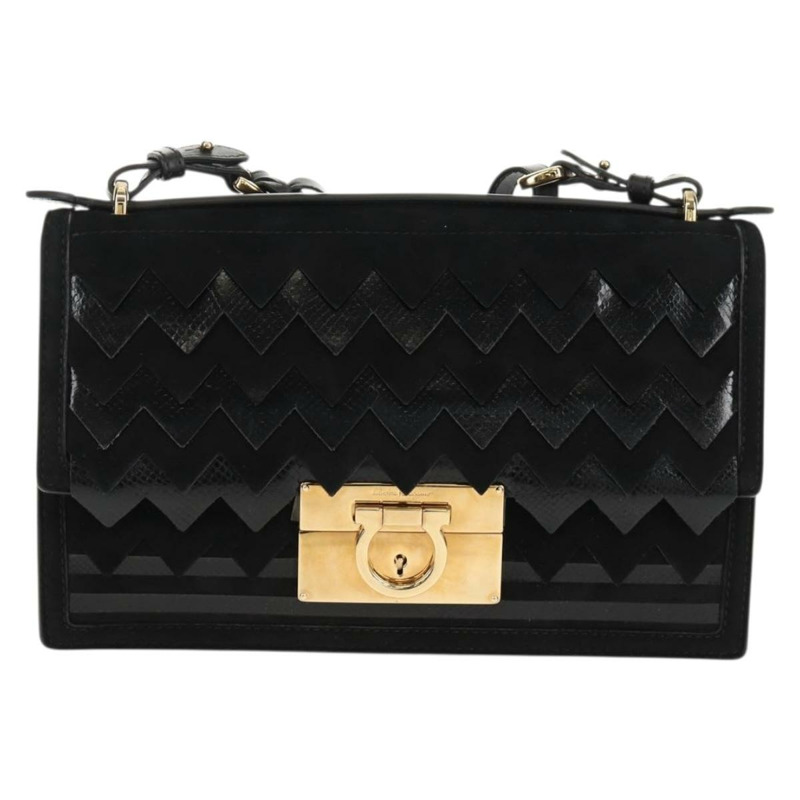 【日本直送】Salvatore Ferragamo Gancini 手提包，絨面革材質，黑色金色雙肩包，正品，貨號 157339V-12