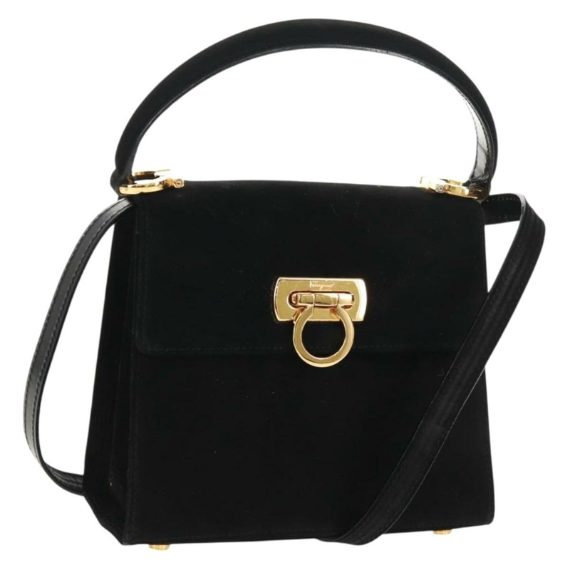 【日本直送】Salvatore Ferragamo Gancini 手提包 麂皮 2way 黑色 金色 Auth 160237V-0