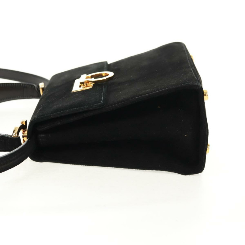 【日本直送】Salvatore Ferragamo Gancini 手提包 麂皮 2way 黑色 金色 Auth 160237V-2