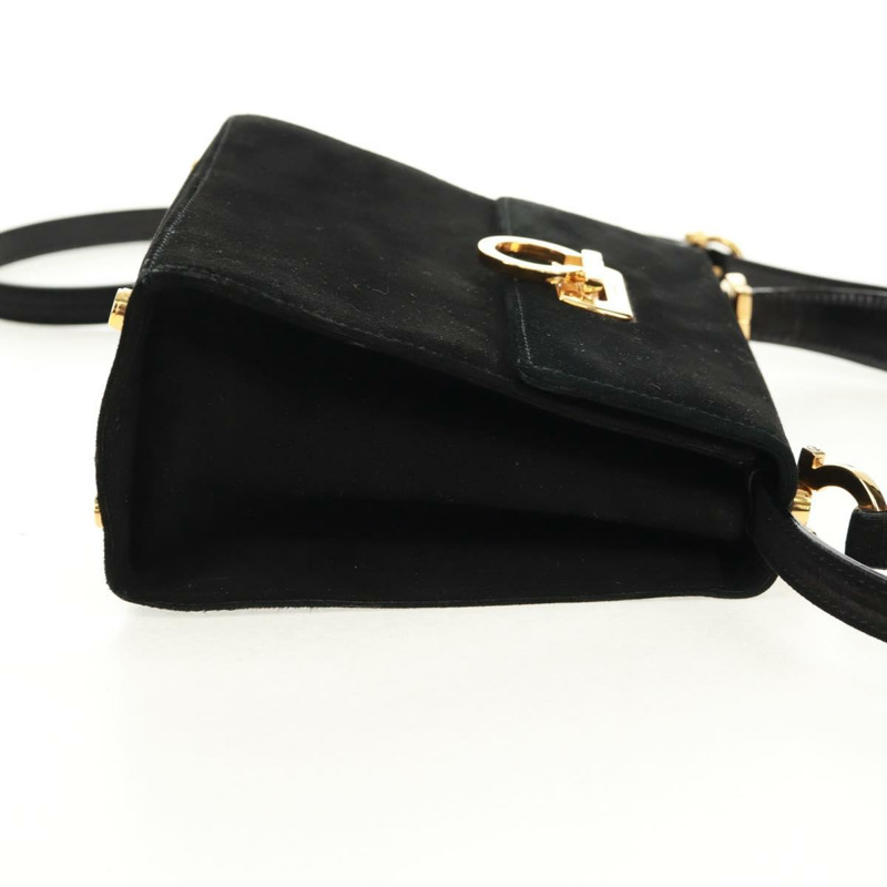 【日本直送】Salvatore Ferragamo Gancini 手提包 麂皮 2way 黑色 金色 Auth 160237V-3