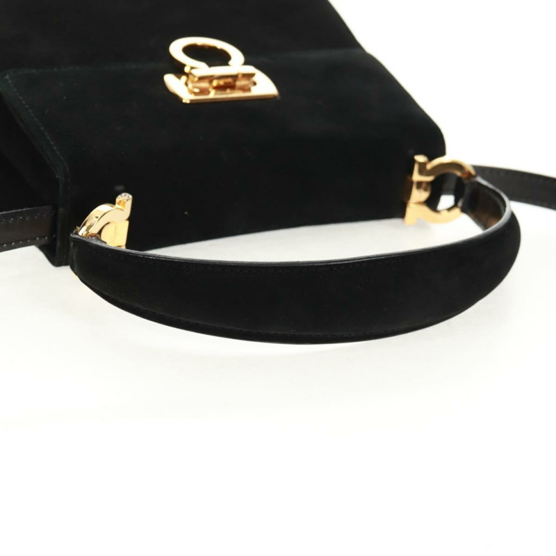 【日本直送】Salvatore Ferragamo Gancini 手提包 麂皮 2way 黑色 金色 Auth 160237V-6