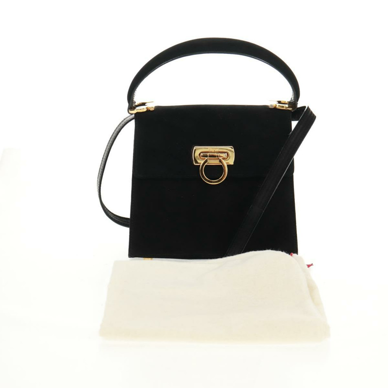 【日本直送】Salvatore Ferragamo Gancini 手提包 麂皮 2way 黑色 金色 Auth 160237V-11