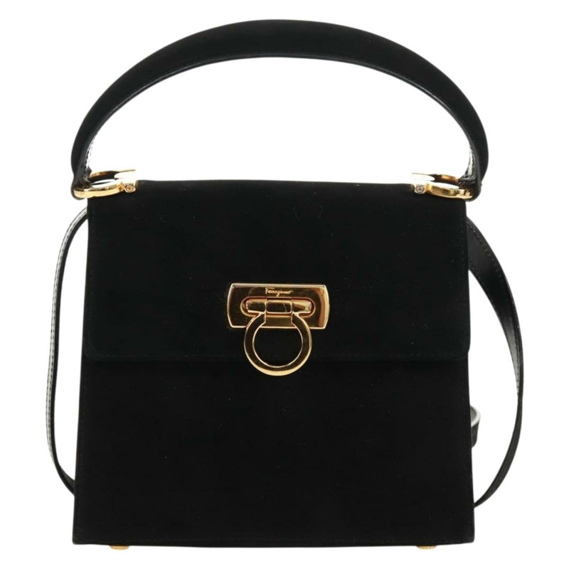 【日本直送】Salvatore Ferragamo Gancini 手提包 麂皮 2way 黑色 金色 Auth 160237V-12