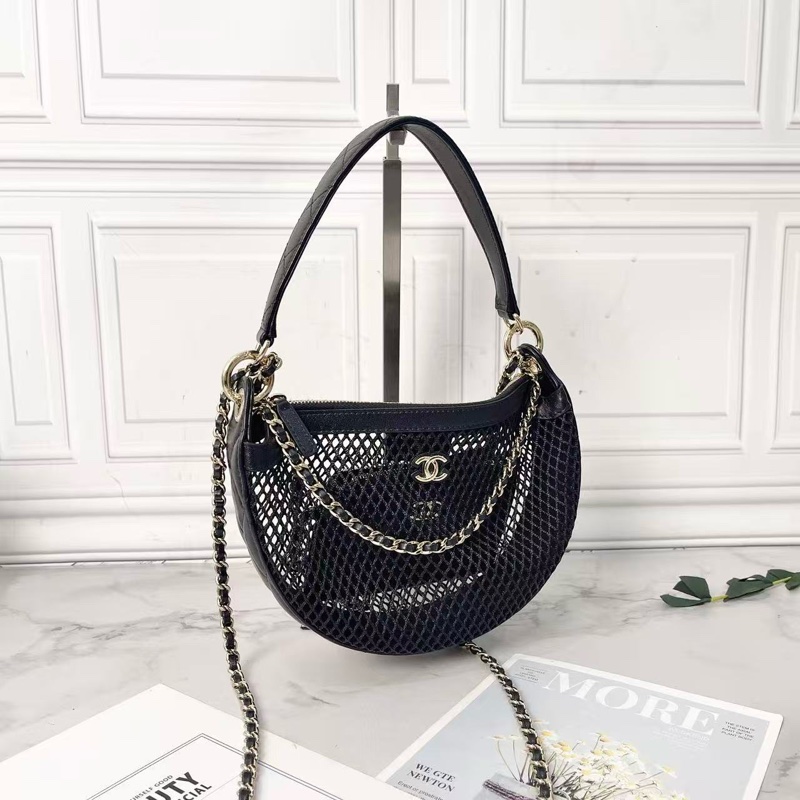 Chanel 25s黑金漁網編織新月包肩背斜背包22×15×6cm 98新配件塵袋-2