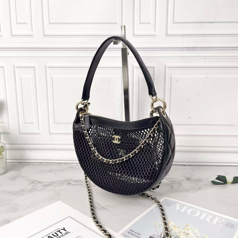 Chanel 25s黑金漁網編織新月包肩背斜背包22×15×6cm 98新配件塵袋-4