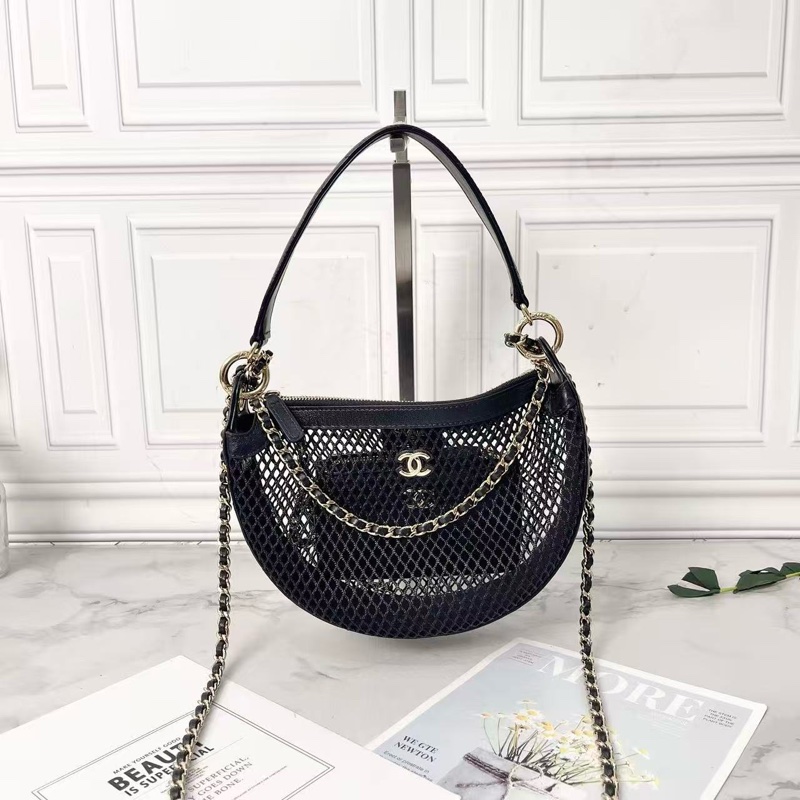 Chanel 25s黑金漁網編織新月包肩背斜背包22×15×6cm 98新配件塵袋-5