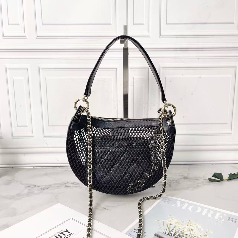 Chanel 25s黑金漁網編織新月包肩背斜背包22×15×6cm 98新配件塵袋-6