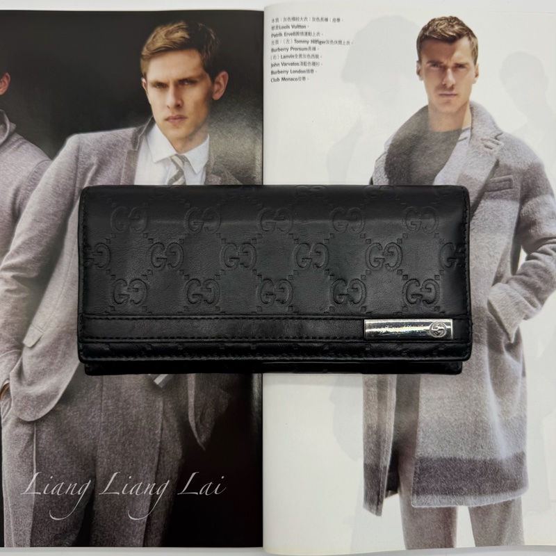 GUCCI Guccissima 經典GG 壓紋扣式黑色長夾-0