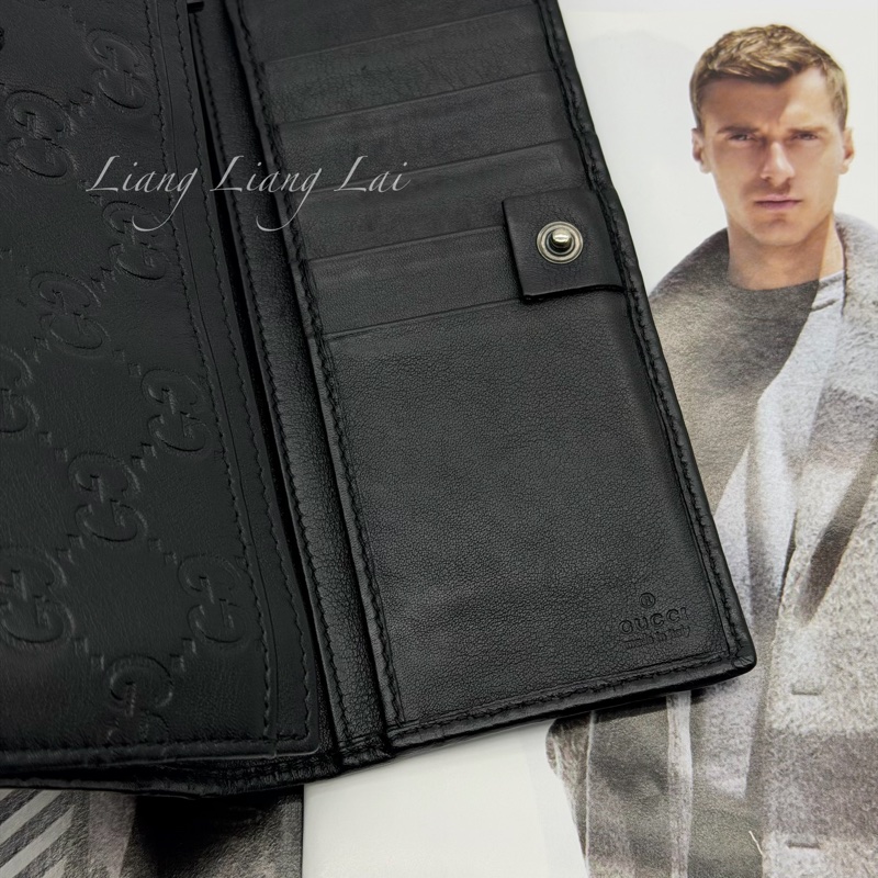 GUCCI Guccissima 經典GG 壓紋扣式黑色長夾-2