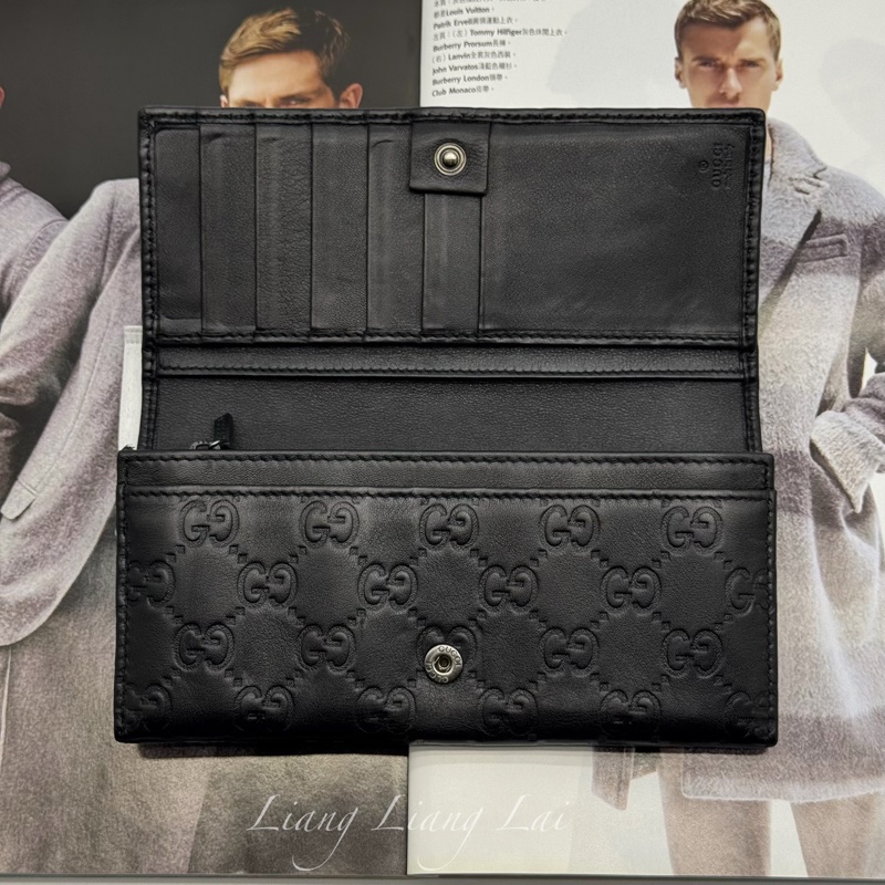 GUCCI Guccissima 經典GG 壓紋扣式黑色長夾-5