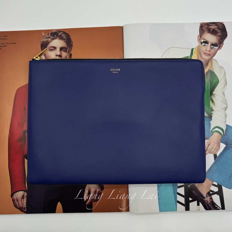 CELINE 經典Trio藍黑撞色小羊皮手拿包-0