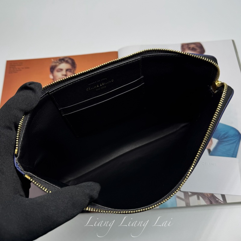 CELINE 經典Trio藍黑撞色小羊皮手拿包-5