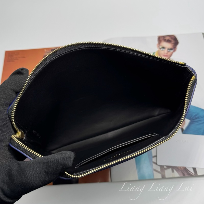 CELINE 經典Trio藍黑撞色小羊皮手拿包-6