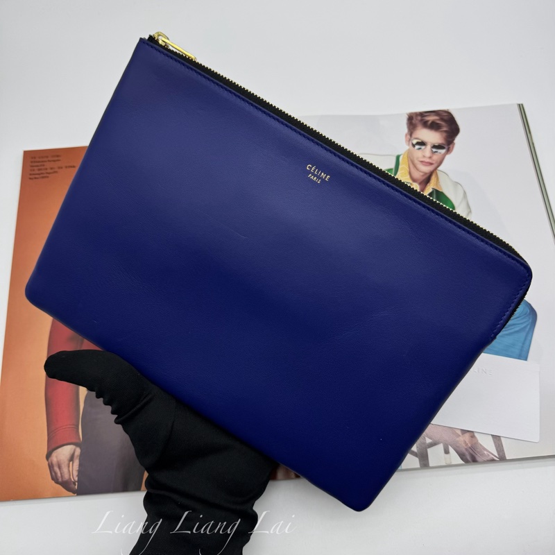 CELINE 經典Trio藍黑撞色小羊皮手拿包-13