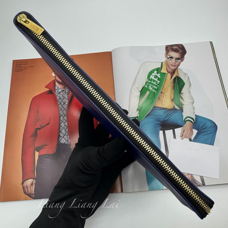 CELINE 經典Trio藍黑撞色小羊皮手拿包-15