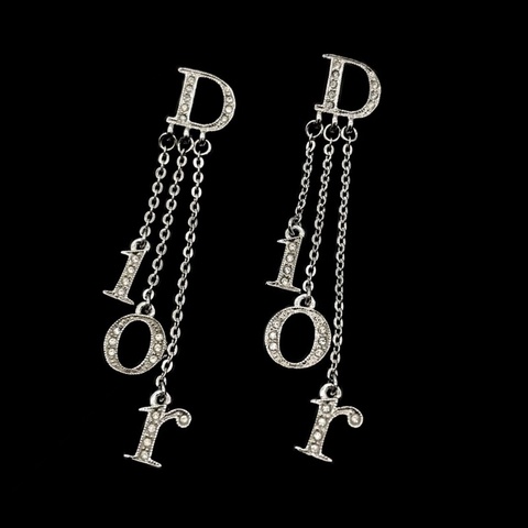 「JL精品代購」極新 Dior銀色滿鑽鏈條字母吊墜款耳釘