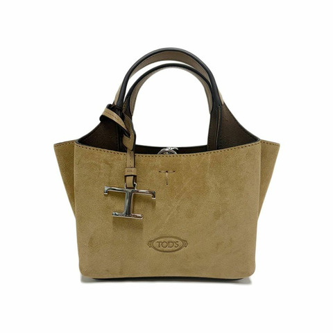 TODS Timeless Logo Micro Suede Tote Crossbody Bag Brown