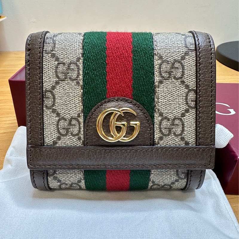 GUCCI 古馳 經典Ophidia GG印花帆布牛皮飾邊暗釦短夾-0