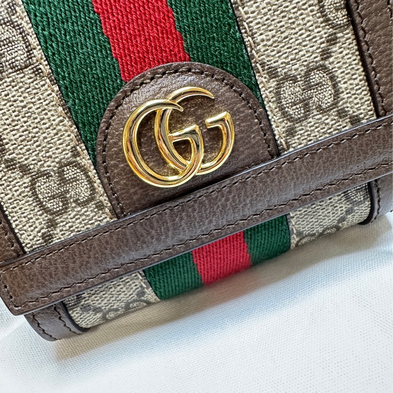 GUCCI 古馳 經典Ophidia GG印花帆布牛皮飾邊暗釦短夾-1