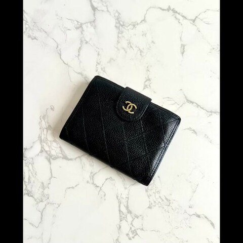 【LA LUNE】中古Chanel黑色魚子醬皮革中夾 皮夾 錢包 短夾 二手包 小包 古董