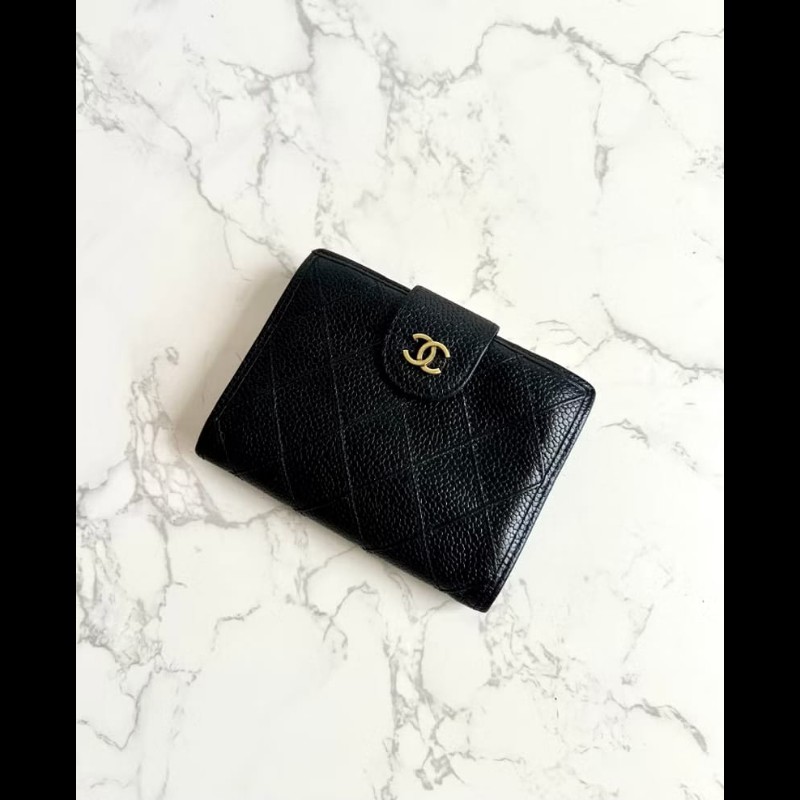 【LA LUNE】中古Chanel黑色魚子醬皮革中夾 皮夾 錢包 短夾 二手包 小包 古董-0