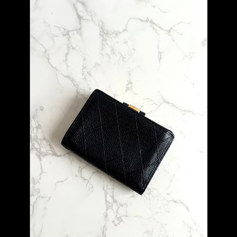 【LA LUNE】中古Chanel黑色魚子醬皮革中夾 皮夾 錢包 短夾 二手包 小包 古董-1