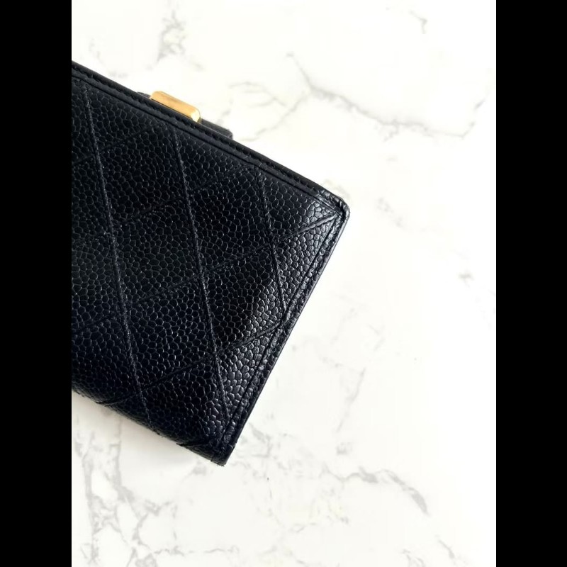 【LA LUNE】中古Chanel黑色魚子醬皮革中夾 皮夾 錢包 短夾 二手包 小包 古董-2