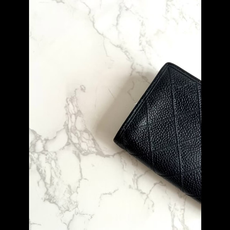 【LA LUNE】中古Chanel黑色魚子醬皮革中夾 皮夾 錢包 短夾 二手包 小包 古董-3