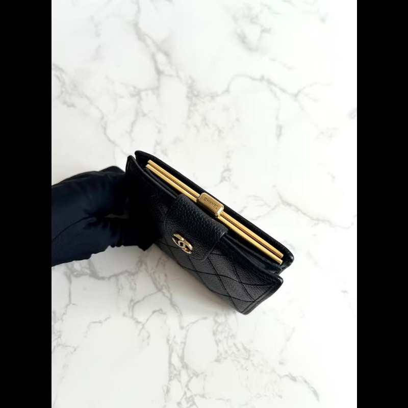 【LA LUNE】中古Chanel黑色魚子醬皮革中夾 皮夾 錢包 短夾 二手包 小包 古董-4