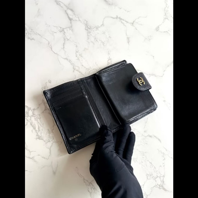 【LA LUNE】中古Chanel黑色魚子醬皮革中夾 皮夾 錢包 短夾 二手包 小包 古董-5