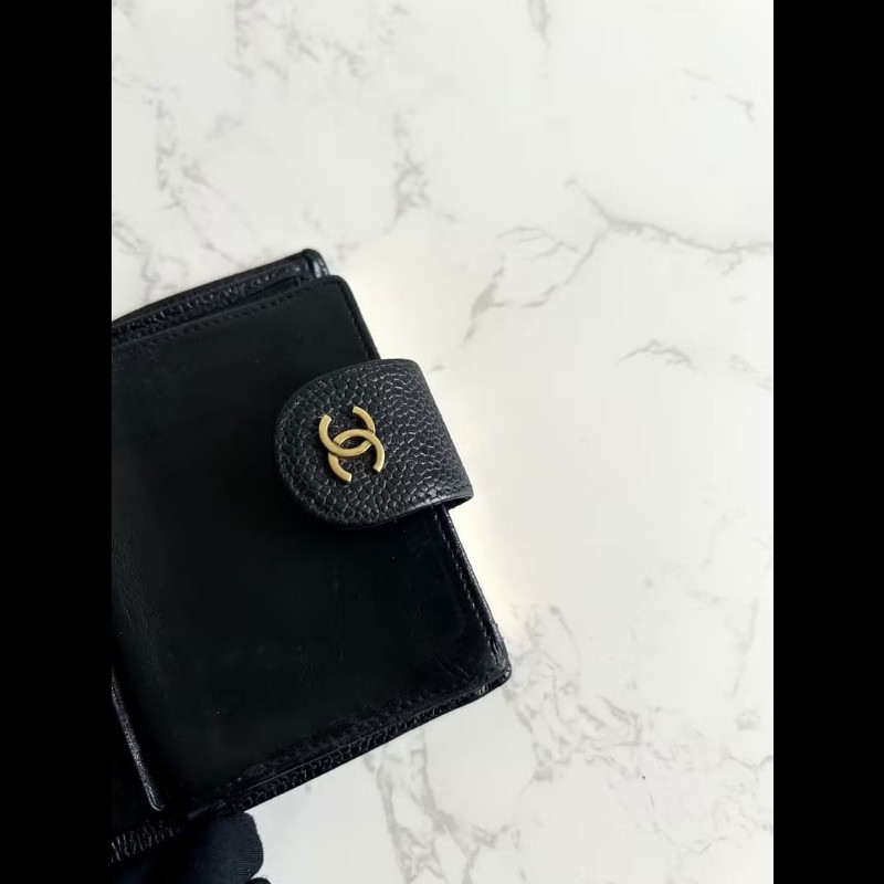 【LA LUNE】中古Chanel黑色魚子醬皮革中夾 皮夾 錢包 短夾 二手包 小包 古董-7