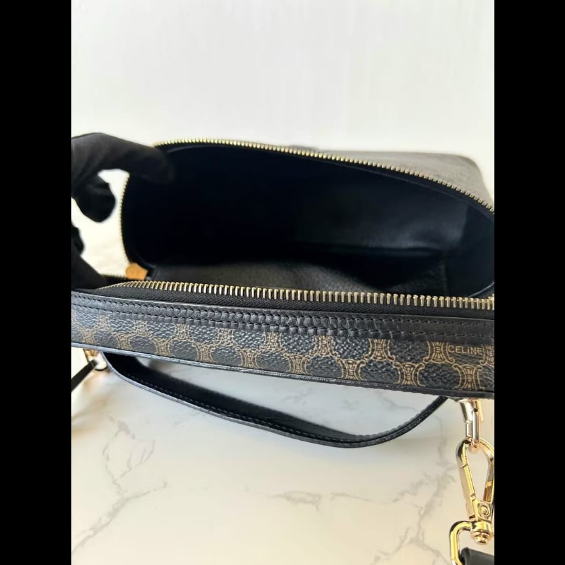 稀有款中古二手Celine黑色老花盒子側背包 斜背包 皮革包 單肩包-6