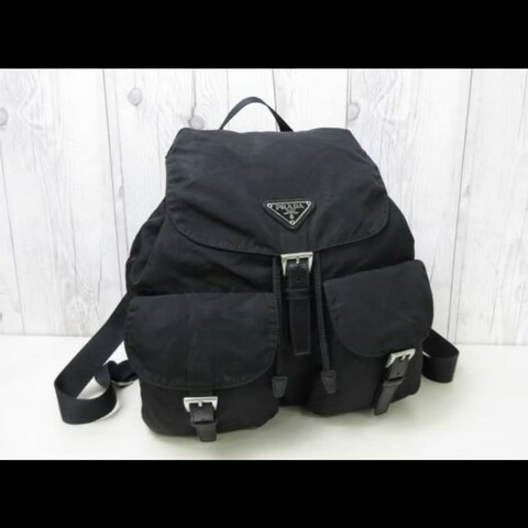 【LA LUNE】絕版古董品 Prada黑色銀標尼龍雙肩包 後背包 背囊 中古包 二手包