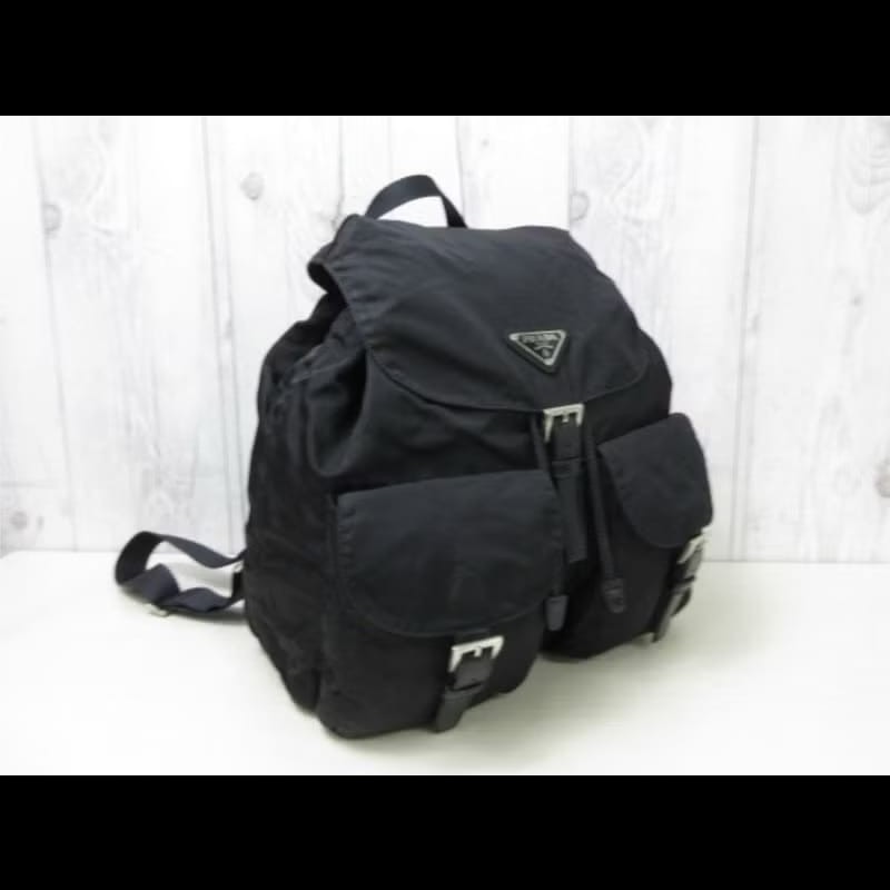 【LA LUNE】絕版古董品 Prada黑色銀標尼龍雙肩包 後背包 背囊 中古包 二手包-4